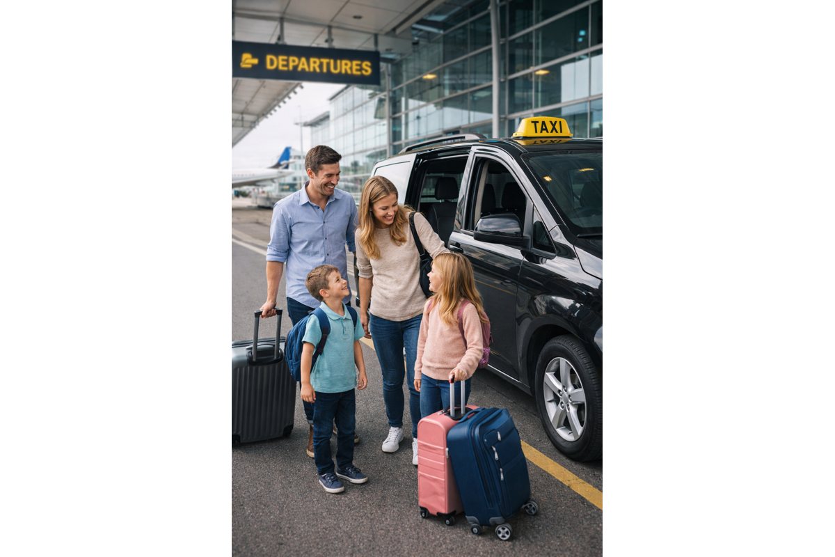 Famille accueillie par un taxi à l'aéroport