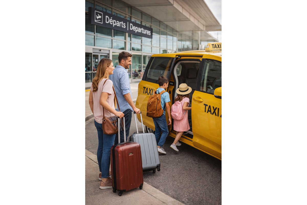Famille montant dans un taxi van devant l'aéroport